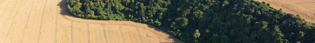 Aerial view of expansive fields and woodland in Central Bedfordshire, England.
